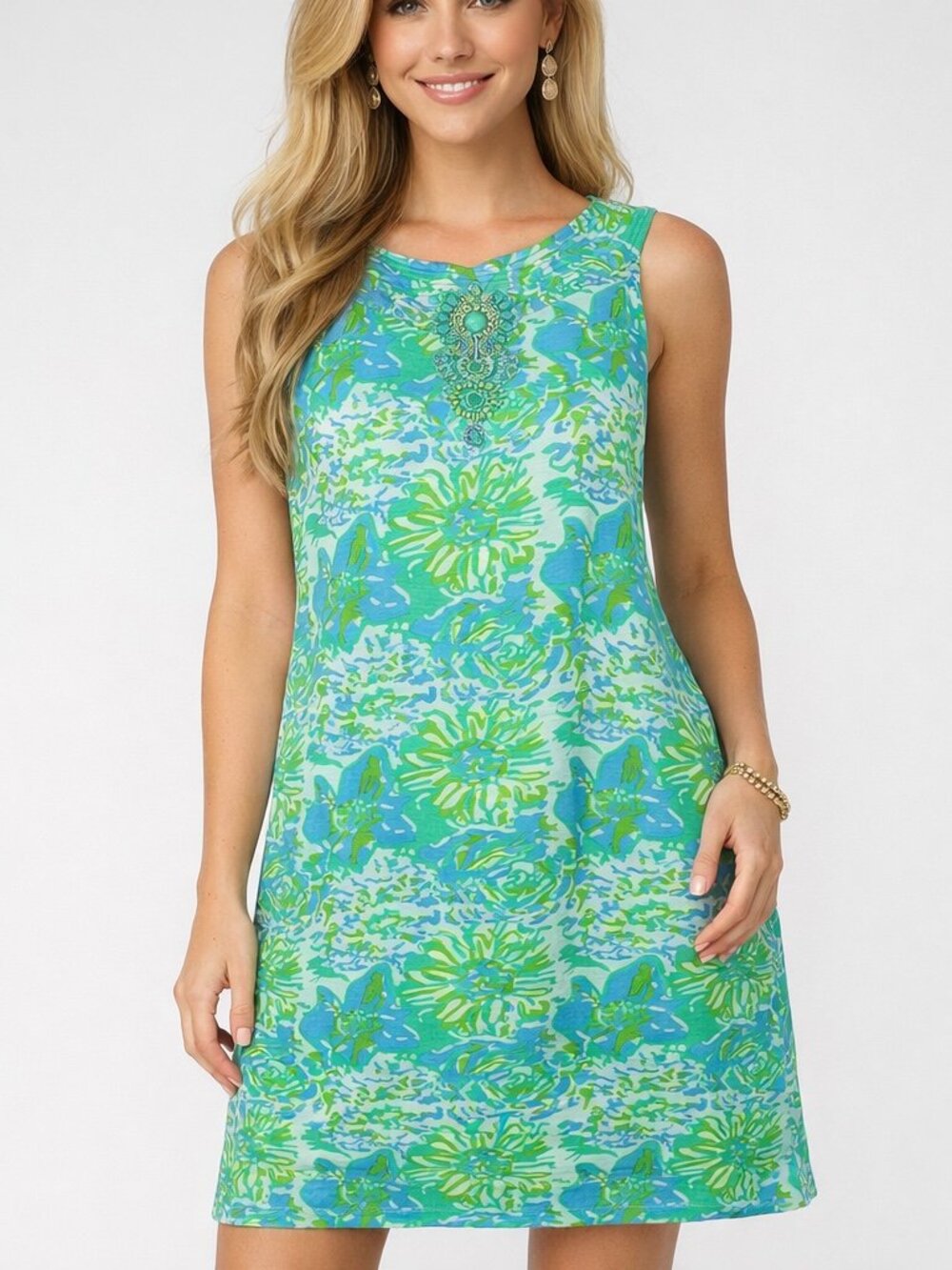 Bella Tu Floral Mini Dress Womens XS Beaded Colorful Preppy Resort Lightweight